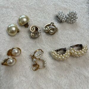 6 PAIRS PRETTY GOLDTONE, FAUX PEARL, BEADED PIERCED EARRINGS